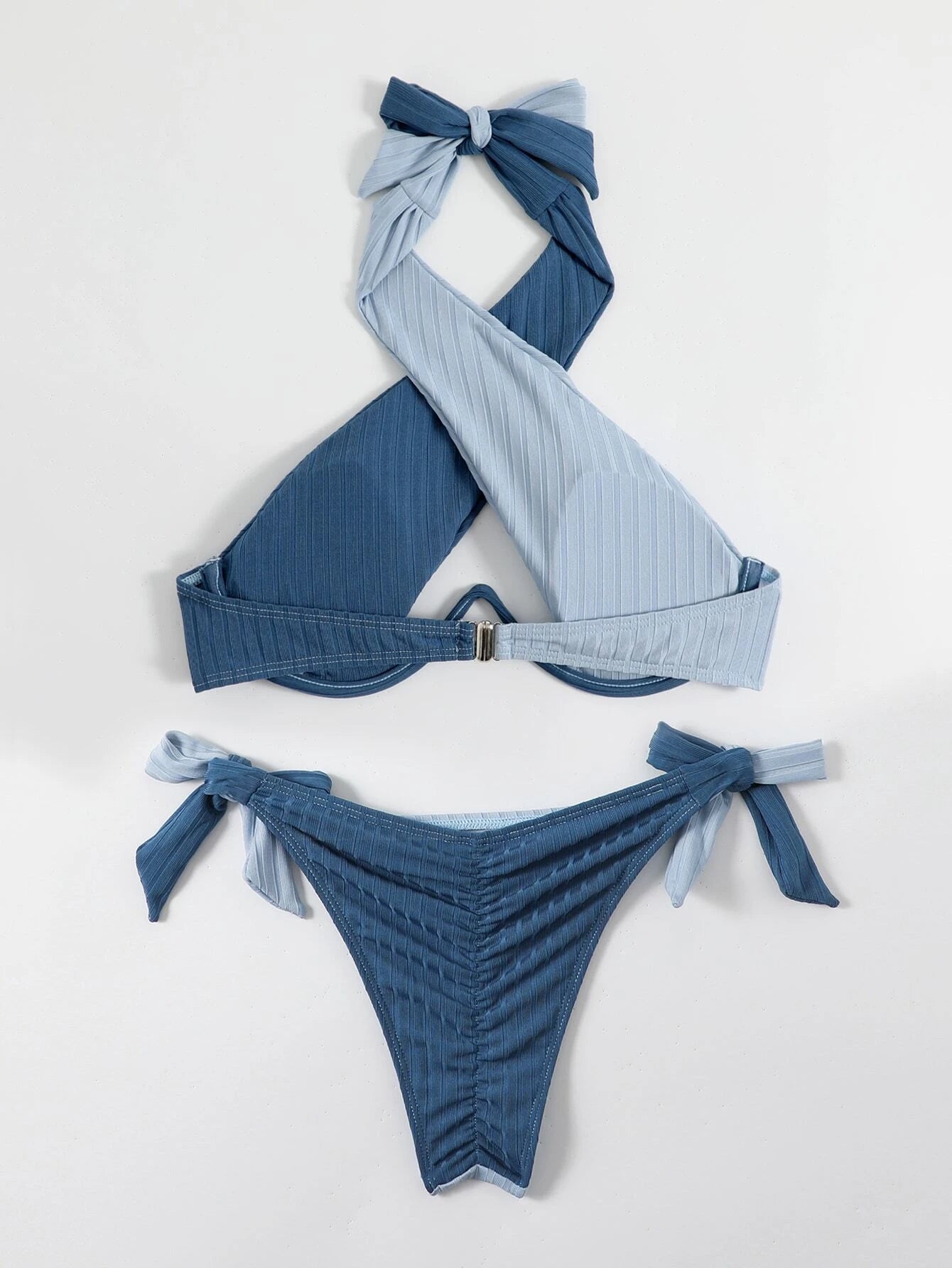 Two Tone Bikini Set Crisscross Cut Out Underwire Bra Top & Tie Side Bikini