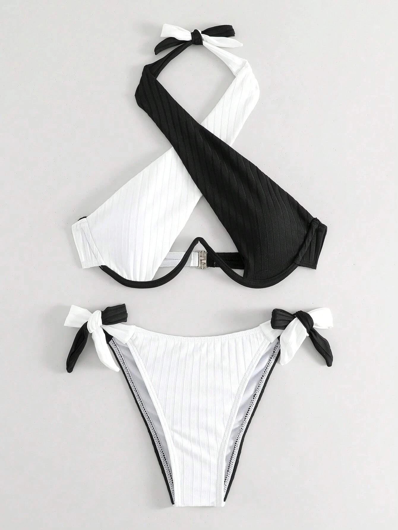 Two Tone Bikini Set Crisscross Cut Out Underwire Bra Top & Tie Side Bikini