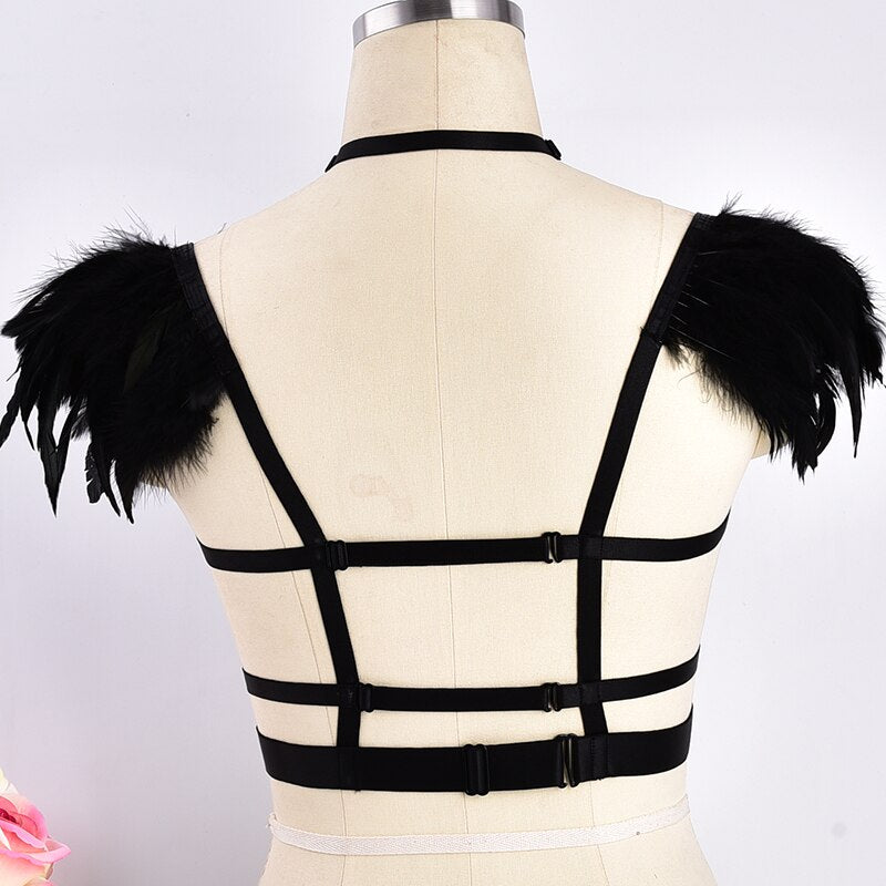 Goth Black Feather Pentagram Bra Epaulets Harness Angle Wing Top Cage Chest Lingerie Punk Burning Pole Dance Clothing
