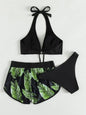 3pcs Leaf Print Bikini With Shorts Fashion Summer Beach Swimsuit Womens Clothing