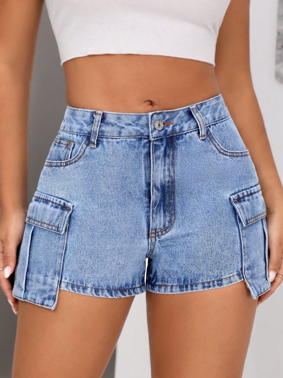 Mid-Rise Waist Denim Shorts with Pockets