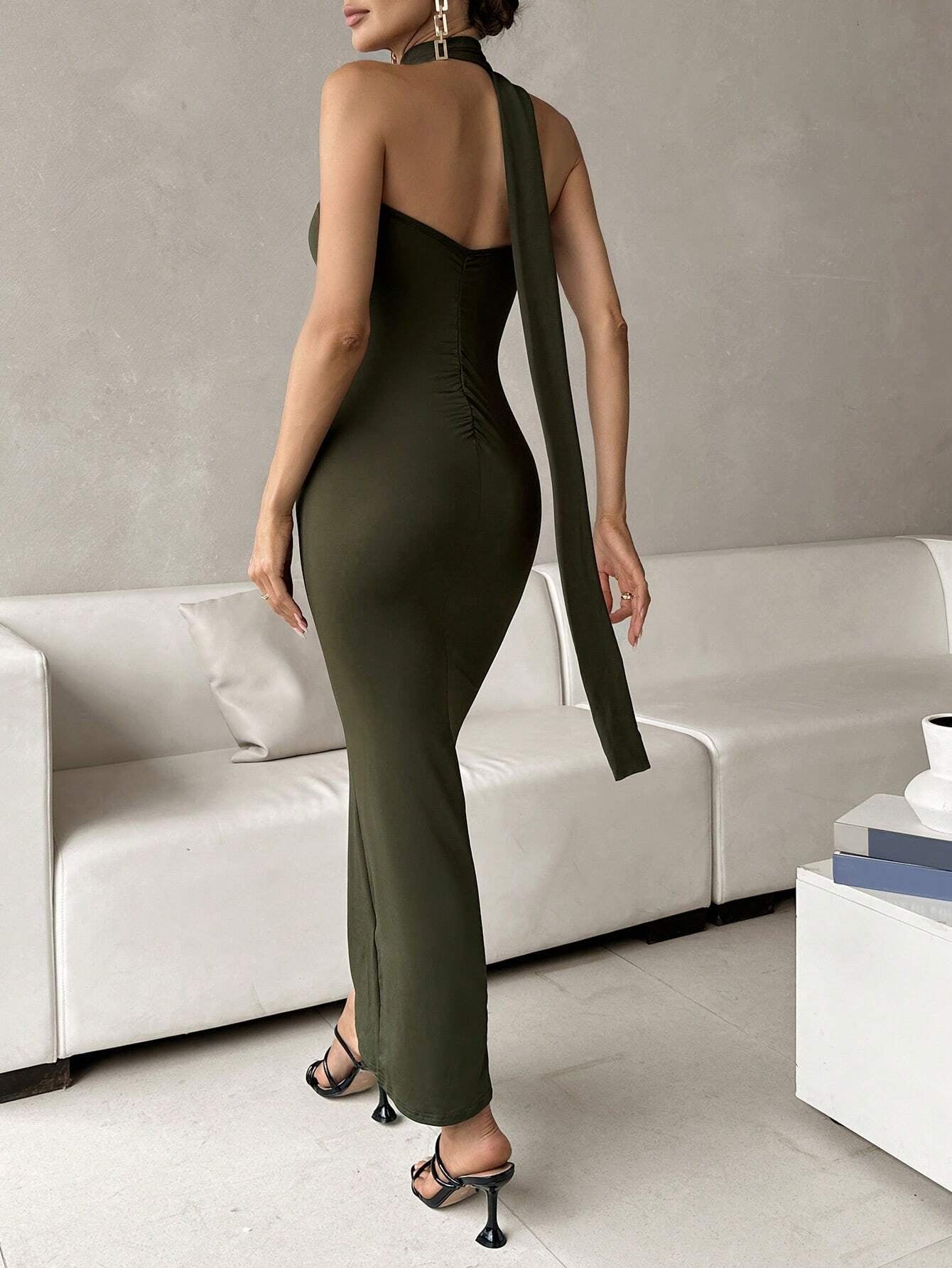 Solid Halter Neck Backless Bodycon Dress
