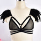 Goth Black Feather Pentagram Bra Epaulets Harness Angle Wing Top Cage Chest Lingerie Punk Burning Pole Dance Clothing