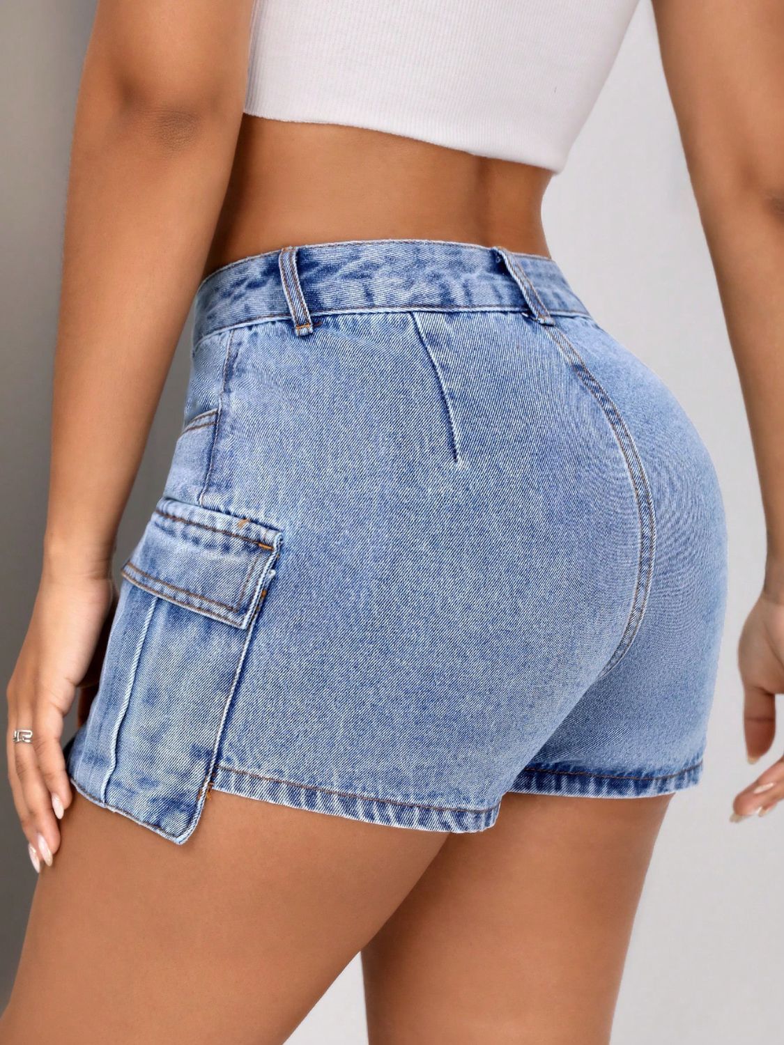 Mid-Rise Waist Denim Shorts with Pockets